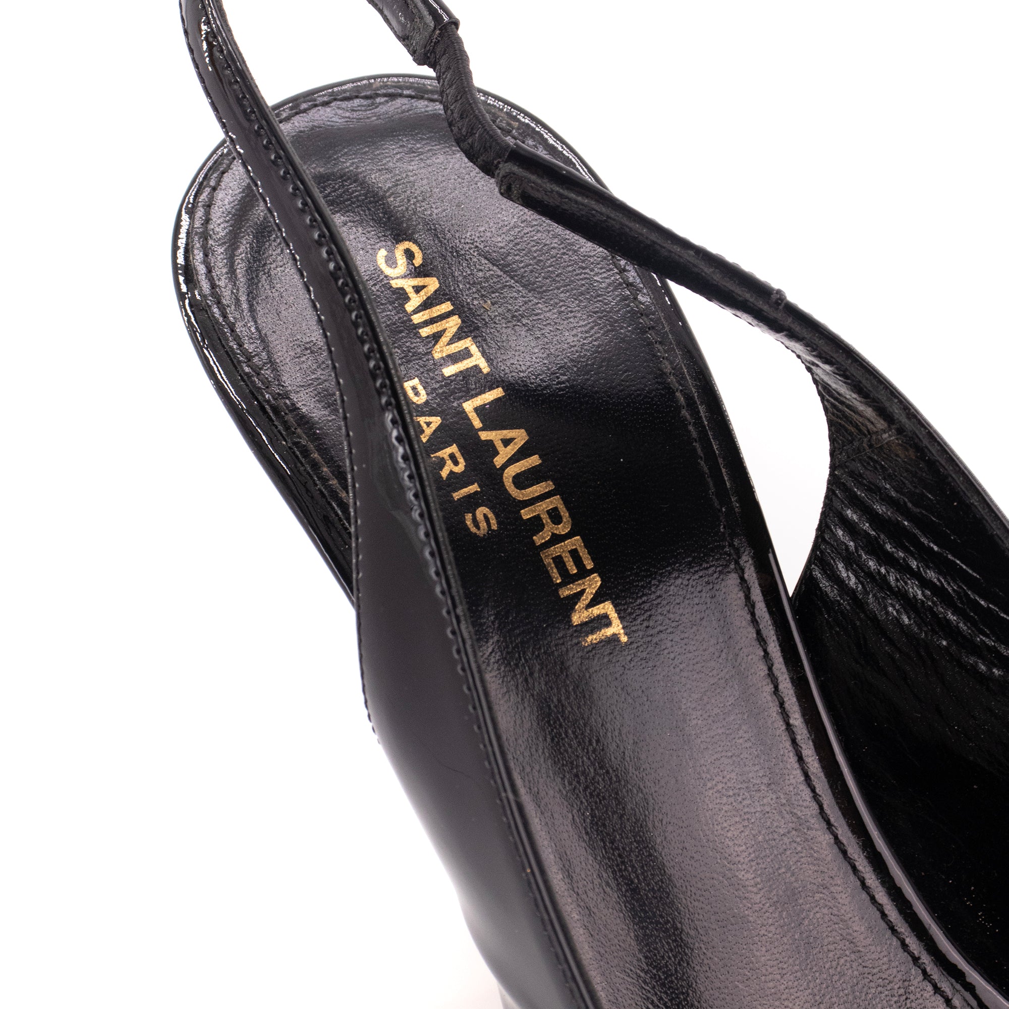 SAINT LAURENT - Sandales à talon Opyum Saint Laurent en cuir verni noir (T38)