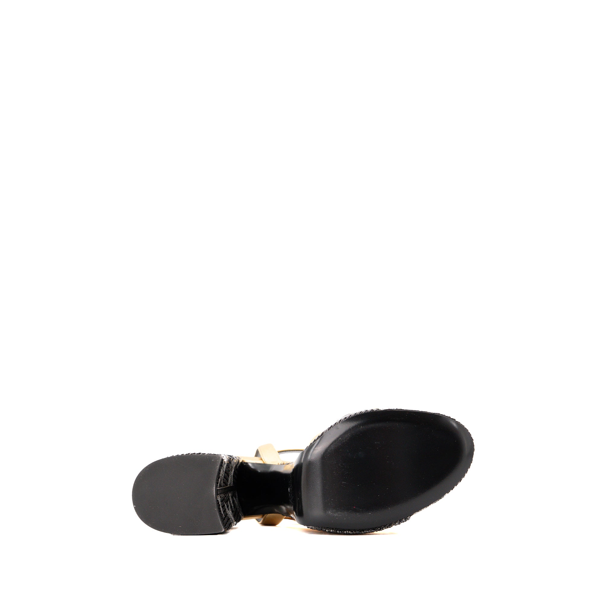 SAINT LAURENT - Paige Saint Laurent Heeled Sandals in Gold Leather with Black and Silver Embroidered Sequins (Size 37)