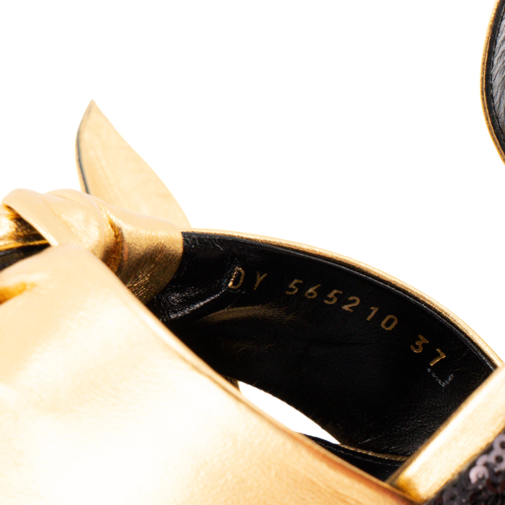 SAINT LAURENT - Paige Saint Laurent Heeled Sandals in Gold Leather with Black and Silver Embroidered Sequins (Size 37)