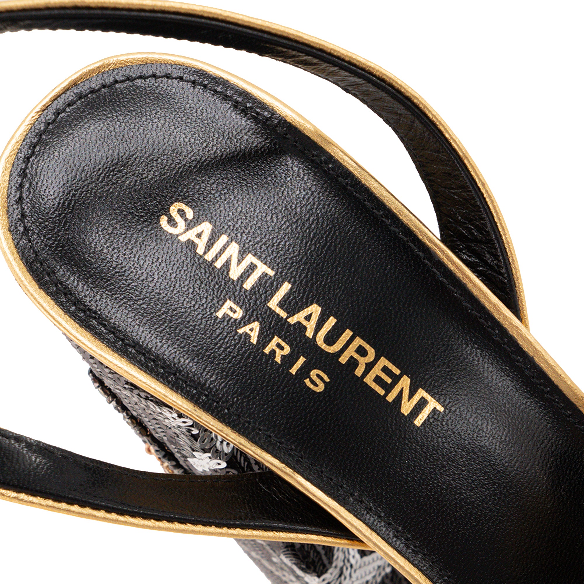 SAINT LAURENT - Paige Saint Laurent Heeled Sandals in Gold Leather with Black and Silver Embroidered Sequins (Size 37)