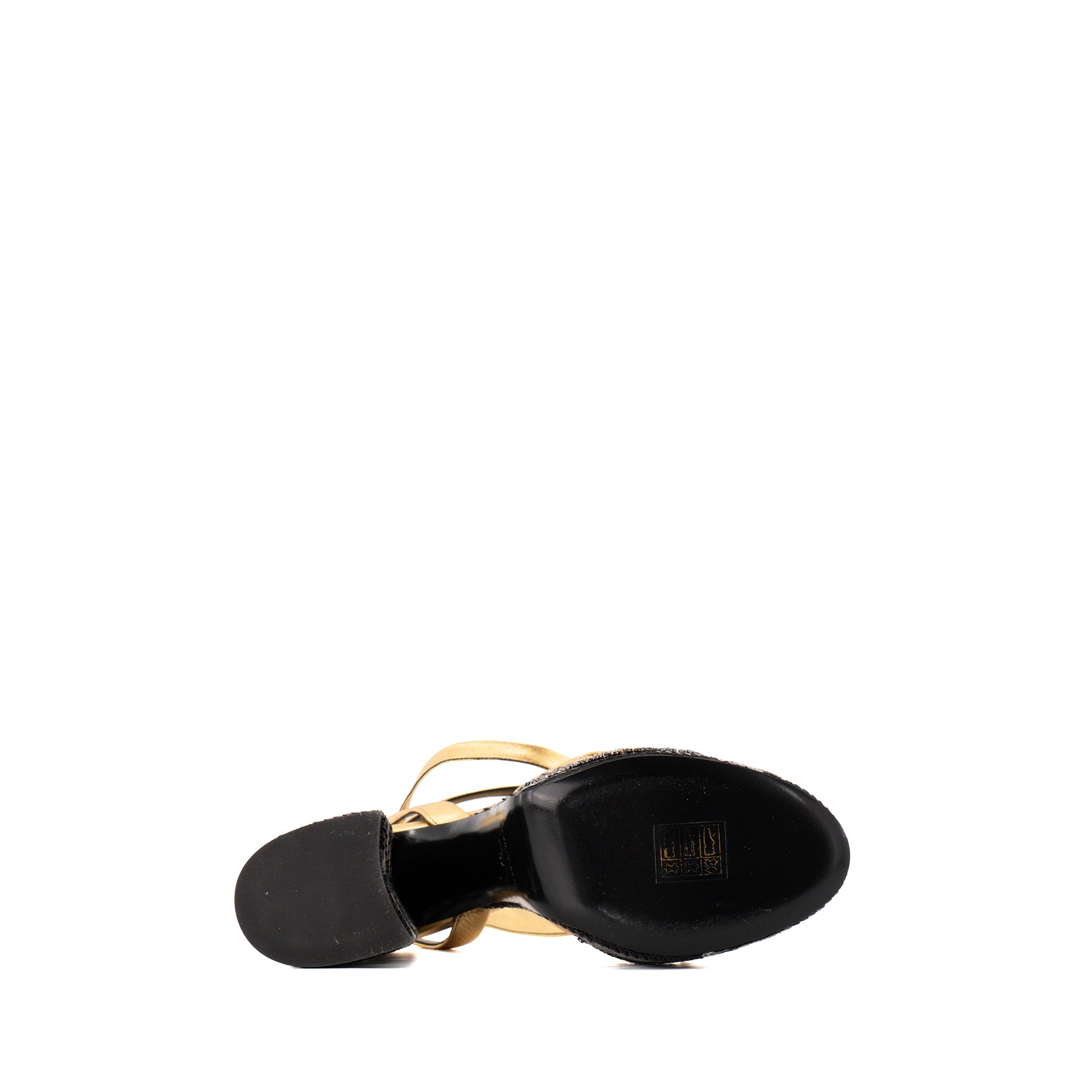 SAINT LAURENT - Paige Saint Laurent Heeled Sandals in Gold Leather with Black and Silver Embroidered Sequins (Size 37)