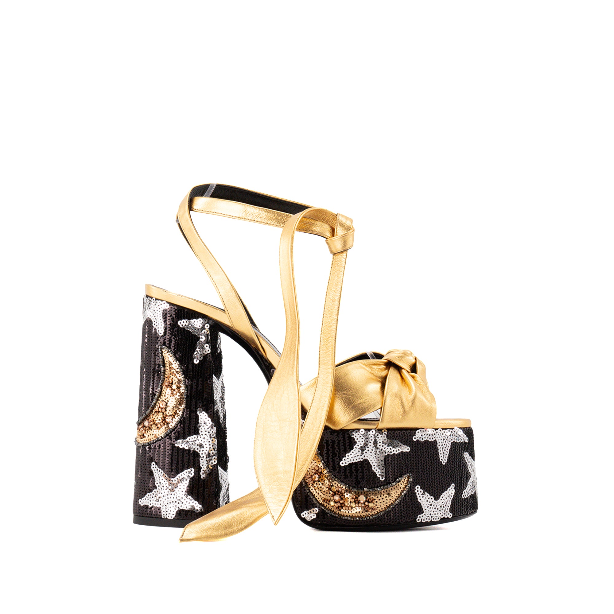 SAINT LAURENT - Paige Saint Laurent Heeled Sandals in Gold Leather with Black and Silver Embroidered Sequins (Size 37)