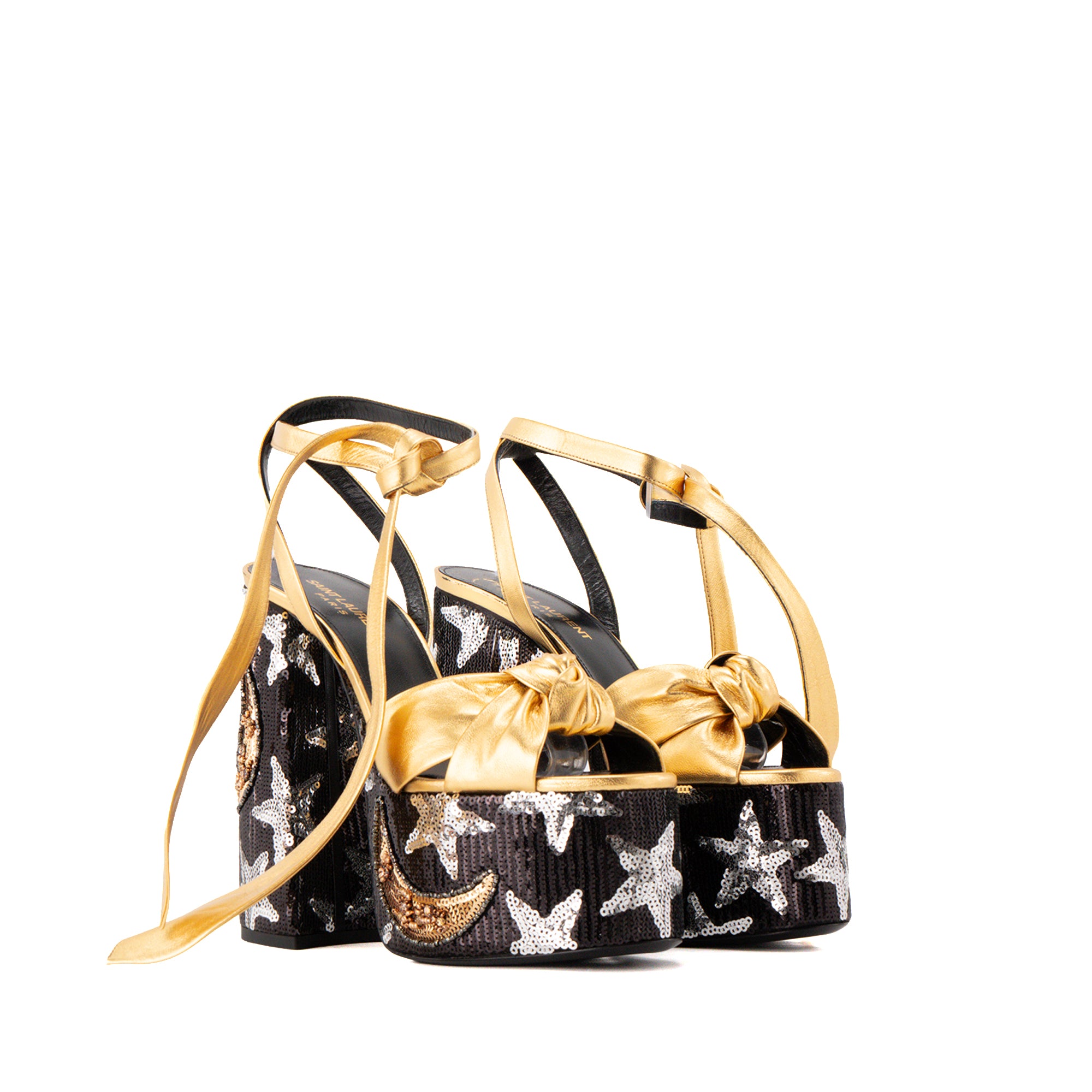 SAINT LAURENT - Paige Saint Laurent Heeled Sandals in Gold Leather with Black and Silver Embroidered Sequins (Size 37)