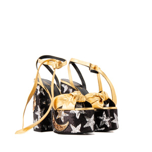 SAINT LAURENT - Sandales à talons Paige Saint Laurent en cuir doré et sequins noir et argent brodés (T37)