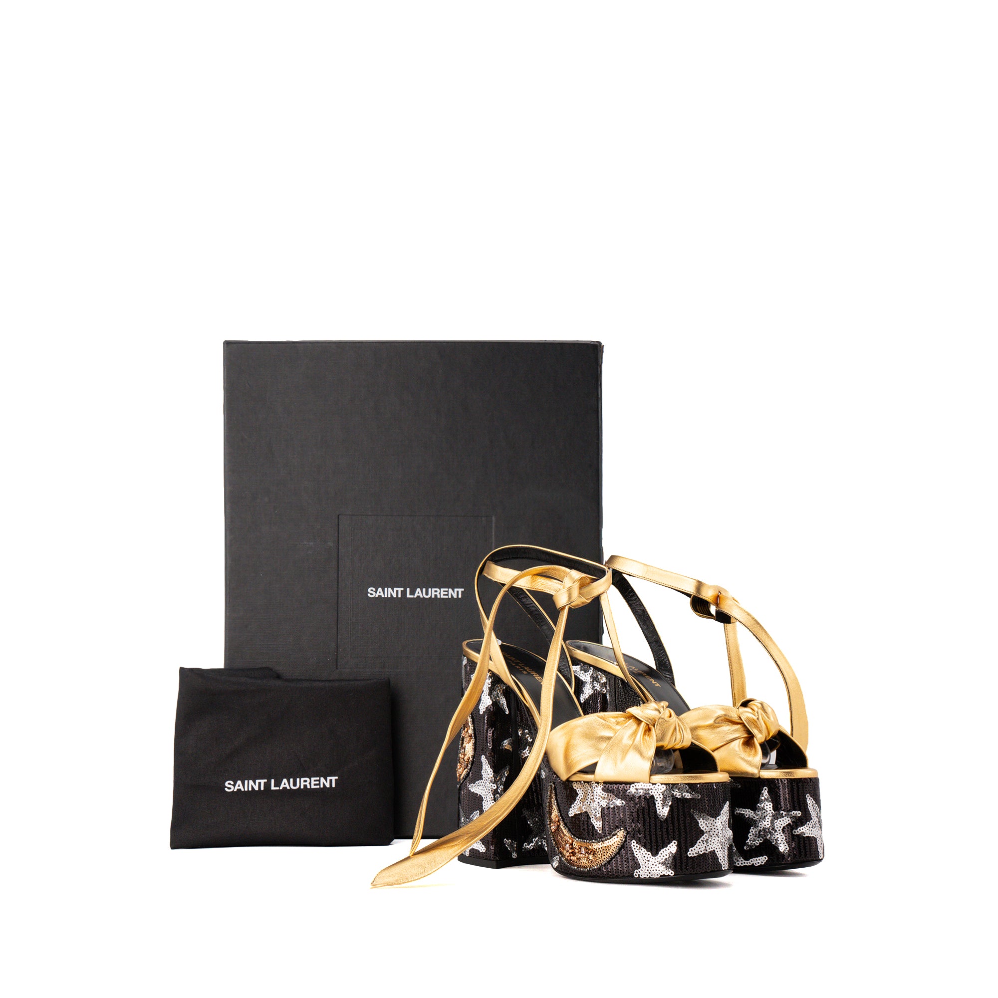 SAINT LAURENT - Paige Saint Laurent Heeled Sandals in Gold Leather with Black and Silver Embroidered Sequins (Size 37)