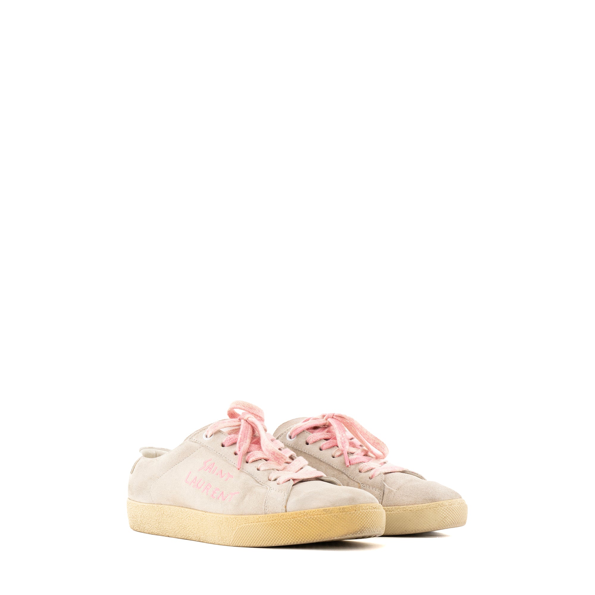 SAINT LAURENT - Sneakers SL-06 Signature Court Saint Laurent en daim beige et rose (T36)