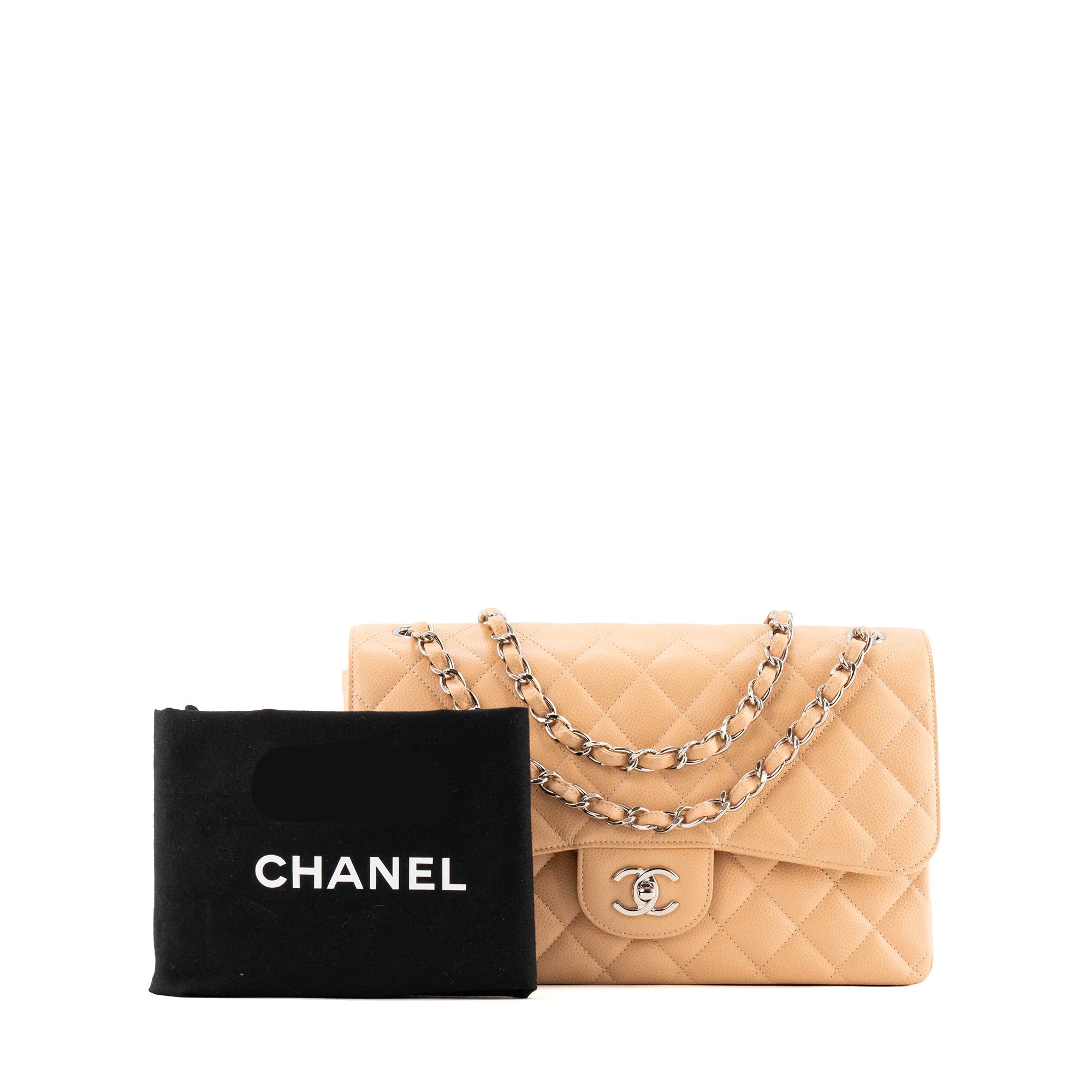 CHANEL - Sac à bandoulière Classique/Timeless Jumbo Chanel en cuir caviar beige