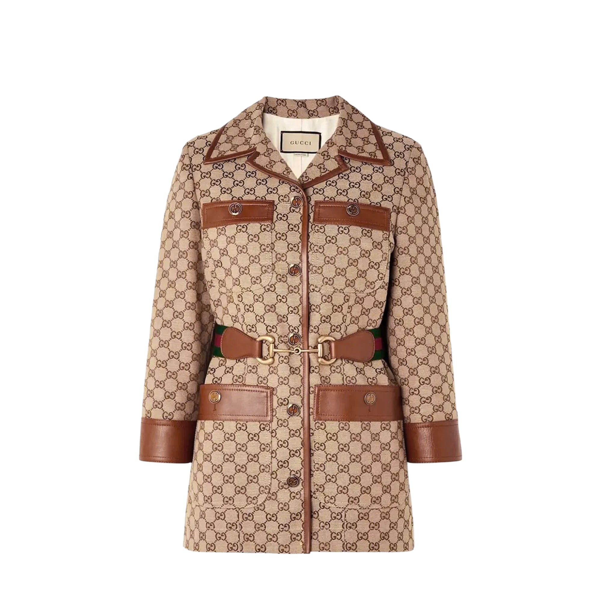 GUCCI - Veste longue Horsebit Gucci en cuir et toile monogrammée (T38)